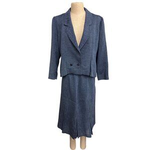 Vintage Handmade 1980s Blue Two-Piece Skirt Suit With Double-Breasted Blazer and